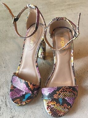 REPORT Multicolor Snake-Print Ankle Strap Block Heel Sandals